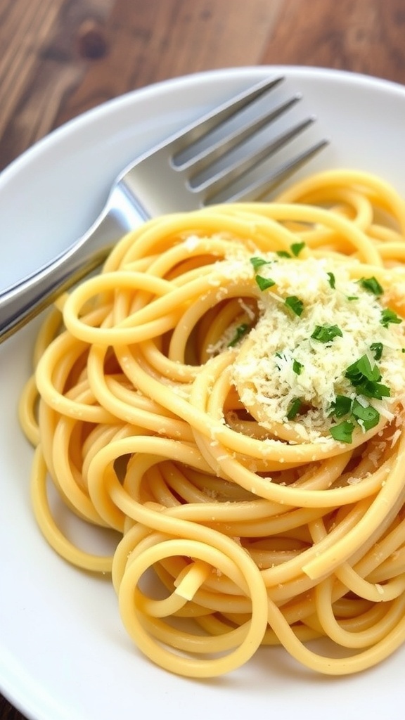 A serving of creamy parmesan fettuccine topped with grated cheese and parsley on a rustic table.